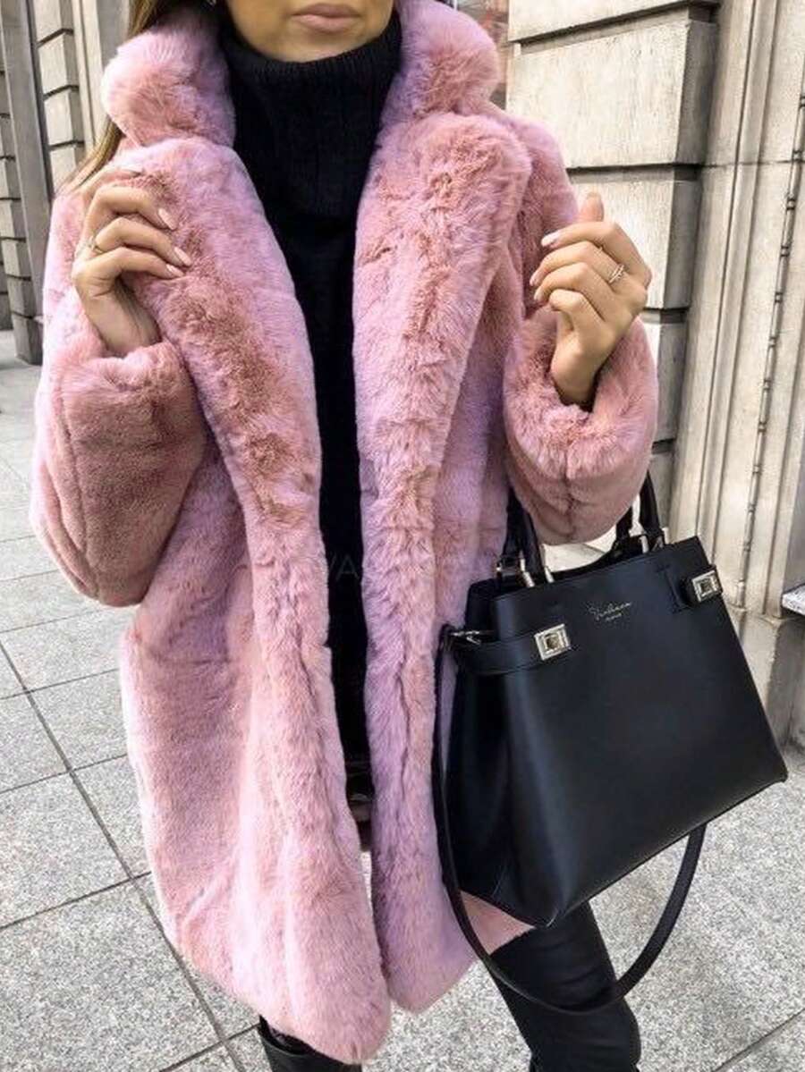 UREREM European And American Style Long Sleeve Faux Fur Collar Solid Color Warm Fur Coat, Commuting Elegant, High-End, Versatile, Luxurious - Pink - View 1