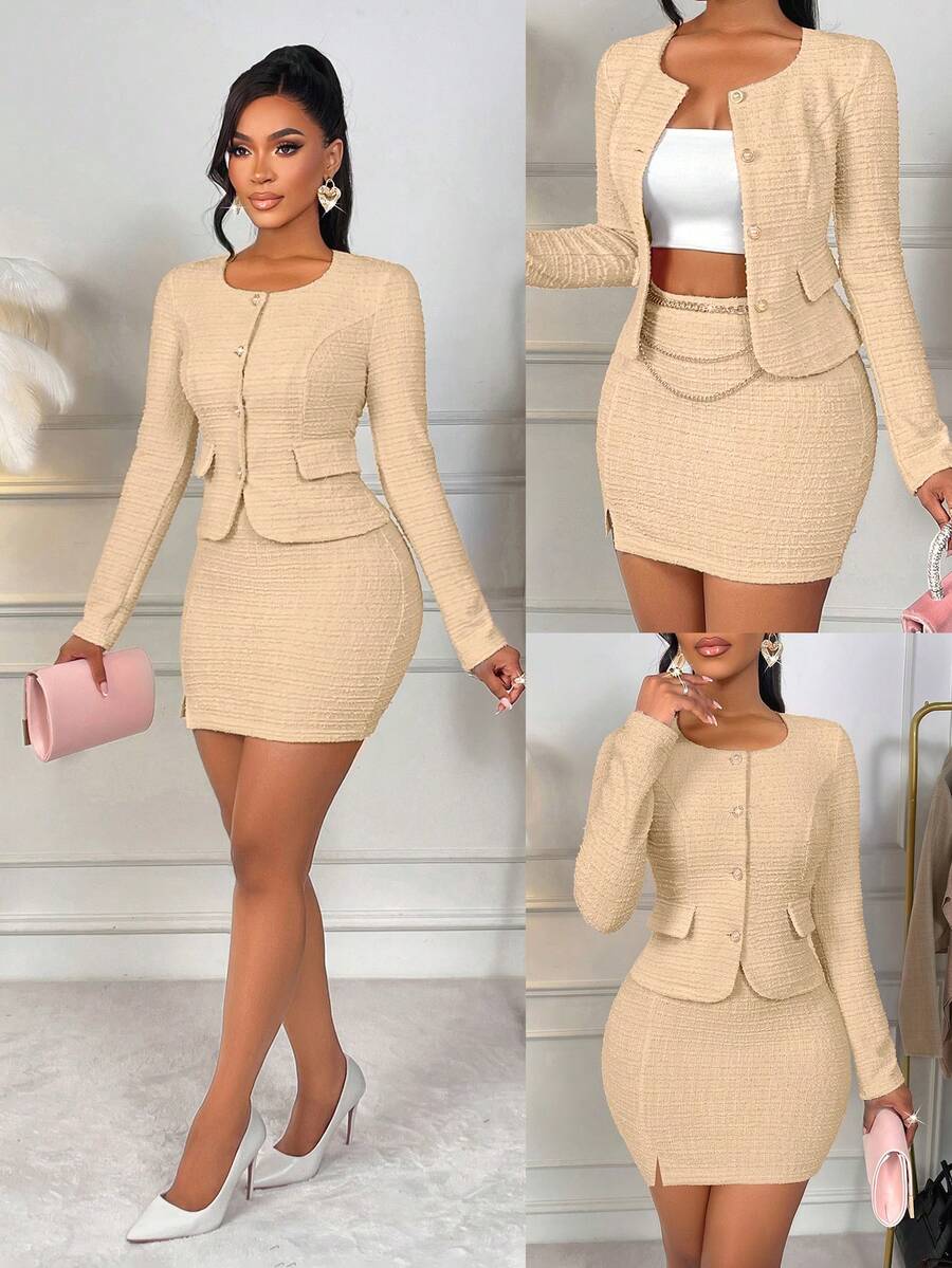 AIJ Amarilo Women's Elegant Solid Color Square Collar Metal Button Blouse And Midi Skirt 2-Piece Set, Suitable For Daily Wear, Autumn/Winter Spring - Khaki - View 1