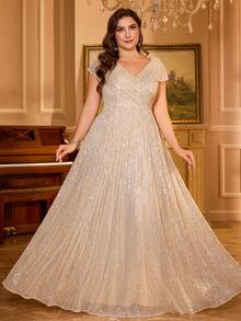 UNITHORSE V领闪亮亮片交叉前褶饰高低下摆晚会礼服 - 香檳色 - 查看 4