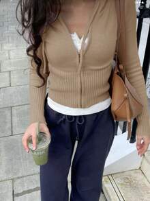 女士休闲可爱短款拉链连帽修身针织开衫，长袖日常通勤百搭针织外套，秋冬街头风Y2K