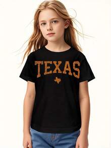 ' Texas State Map & Longhorn Horns Graphic Cotton T-Shirt - Distressed Vintage Style, Comfortable Round Neck Short Sleeve Casual Tee For Everyday & Texan-Themed Outfits (Spring/Fall/Summer) - Ideal For Kids & Youth, Easy Care Hand Wash, Texas Pride Apparel With Geometric Pattern & Distressed Lettering, Relaxed Fit For, Perfect For Spring/Summer/Fall Wear, Hand Wash Only Care - Black - View 5