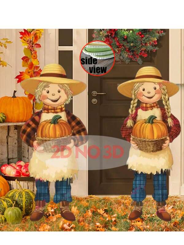 2 Peças Decorações Externas de Outono de Ação de Graças, Decoração de Jardim Decorativa de Peregrino de Ação de Graças com Estacas, Suporte de Abóbora de Colheita de Outono, Placa de Jardim Menino e Menina, Adequado para Suprimentos de Gramado de Outono, Design à Prova d'Água, 2D Plano