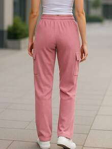 Pantalón Cargo Mujer de Pana con Cintura Elástica y Bolsillos Laterales - Rosa - Ver 2