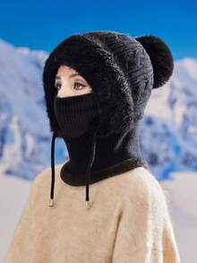 1 Pair Women's Knitted Mask Scarf Set, Autumn/Winter Warm Thermal Lined Earflap Hat Neck Gaiter