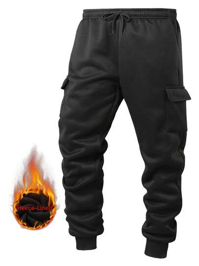 1pc Men's Fleece Ankle Sports Pants With Drawstring And Multiple Pockets, Suitable For Autumn/Winter