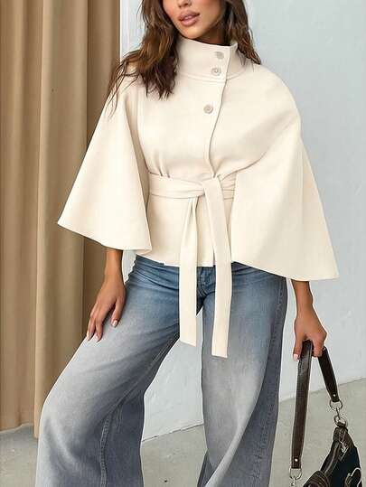 Women's Solid Color Front Button Tie Waist Woolen Cloak, Casual & Date Wear, Autumn/Winter Overcoat