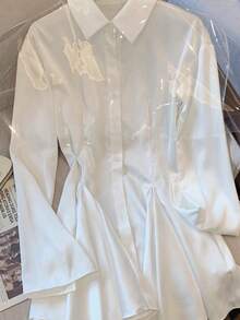 SMILE CHIC 高端白色缎面斜纹婚纱，衬衫式连衣裙，适合下午茶派对