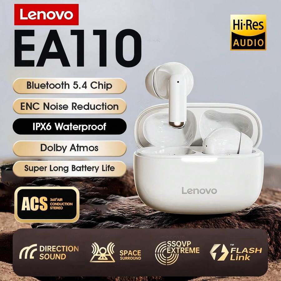 Lenovo EA110 2025 最新款高级蓝牙耳机，IPX6 防水防汗，超轻 2.4g 设计，稳固贴合跑步、健身房、瑜伽，蓝牙 5.4 游戏模式 88ms 低延迟，24 小时播放时间，蓝牙耳机，HiFi 空间音效，黑色、白色、米色 - 白色 - 查看 1
