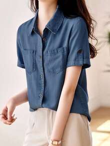 Women's Summer New Casual Denim Short Sleeve Shirt, Fashionable, Refreshing And Versatile Blouse - Dark Wash - View 3