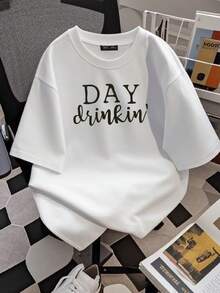 Women T-Shirt Print YUYUEYUE Day Drinkin' T Shirts Women Drinking All Day Letter Print Short Sleeve Funny Casual Tops Tee Stylish Slightly Women Female Soft Unisex Designer Clothes Print Round Neck Short Sleeve Stretched Versatile Women Top Graphic Tees Fashion Graphic