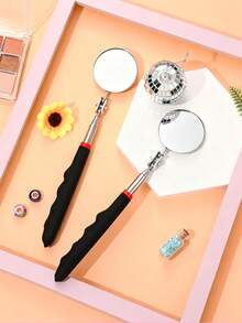 1/2pcs 1 Telescopic Folding Inspection Mirror For Car Maintenance - Black, Carbon Steel And Glass, Underbody Viewing Tool With Red Decorative Handle