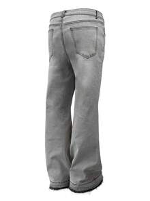 Lightweight Business Casual Washed Distressed Hem & Cuff Men's Jeans, Versatile Slim Straight Leg Casual Pants, Button Zipper Closure, Suitable For All Seasons - Grey - View 4