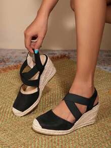 编织封闭式趾交叉弹力绳时尚坡跟女鞋 - 黑色 - 查看 3