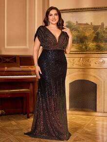 [Random Cut] Shiny Gradient Sequin V-Neck Batwing Sleeve Ruched Waist Party Evening Dress - Navy Blue - View 6