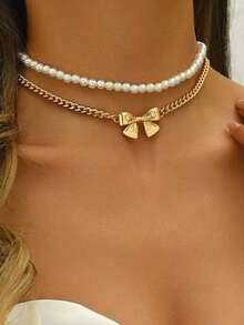 2pcs/Set Bow & Faux Pearl Necklace Set, Fashion Cute Jewelry For Women, Suitable For Beach, Vacation, Casual Wear