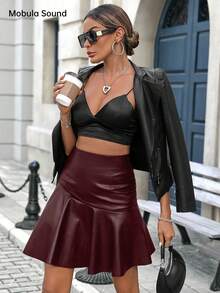 Mobula Sound Fashionable Casual Elegant Versatile Skirt For Spring/Summer, Suitable For Holiday, Date, Travel, Party, Airport, Made Of PU Leather, Flattering Silhouette - Burgundy - View 5