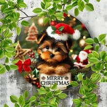 Chiot de Noël avec chapeau de Père Noël, panneau métallique rond de 8x8 pouces, décoration murale pour bar, café, club - impression plate sur métal - décoration festive de Noël - cadeau parfait pour les amateurs de Noël et les passionnés de décoration d'intérieur