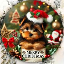 Chiot de Noël avec chapeau de Père Noël, panneau métallique rond de 8x8 pouces, décoration murale pour bar, café, club - impression plate sur métal - décoration festive de Noël - cadeau parfait pour les amateurs de Noël et les passionnés de décoration d'intérieur