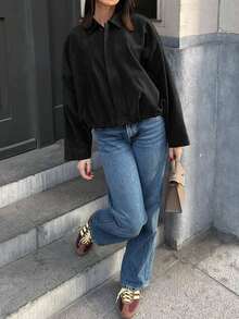 Women's Fall Fashion Faux Suede Bomber Coat Oversized Cropped Zip Up Lapel Casual Outerwear - Black - View 4