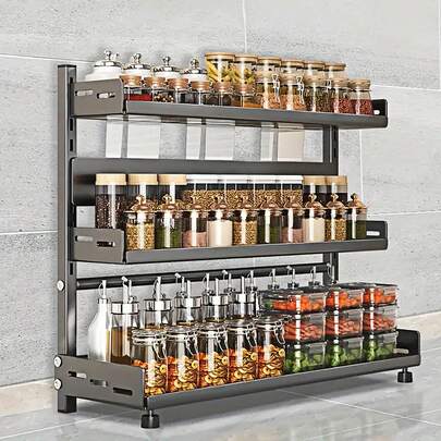 3-Etagen Gewürzregal aus Edelstahl - Platzsparendes Regal für die Arbeitsplatte & Wandmontage für Gewürze, Beilagen & Essentielle Dinge, Rostfreies Hochleistungsdesign | Vorratskammer-, Restaurant- & Haushaltsorganisation (Einfache Montage)