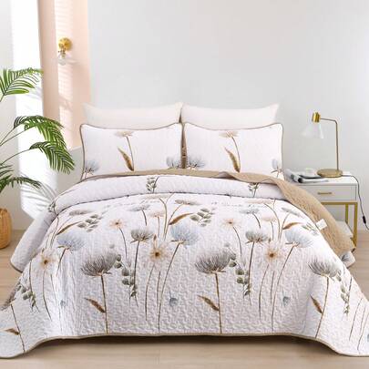 3 Pieces  Floral Quilt Set, Beige/Khaki Bedspread Queen King Size Lightweight Fall Quilts Microfiber Farmhouse Bedding Set Soft Flower Bedspreads White Coverlet Sets For Wedding Items, Valentines Day Home Bed Room Decor, Mothers Day Gift, All Season