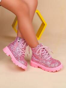 1 Đôi bốt thời trang thu đông cho trẻ em, bốt kiểu công chúa sáng bóng có khóa kéo bên hông, đa năng cho bé trai và bé gái, thích hợp cho du lịch, chụp ảnh, vui chơi ngoài trời - Hồng - Xem 3