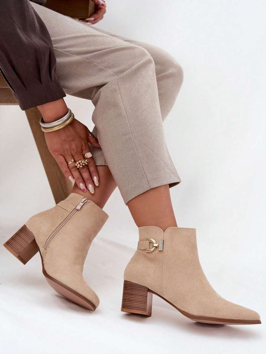 Damen Isolierte Knöchelstiefel mit Blockabsatz, goldene Details, synthetischer Wildleder, bequem und warm für den Winter, Renora Beige Schwarz - Beige - Übersicht 1