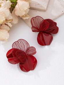 1 Pair Fashionable & Elegant Metal Textured Flower Pendant Earrings, Suitable For Women's Daily And Party Outfits