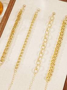 4pcs Minimalist Punk Style Chain Bracelet Set, Metal Chain Combination With Rope And Twisted Design Multi-Layer Bracelets, Women's Holiday/Date Gift, Daily Accessory - Yellow Gold - View 4