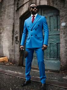 Mens Suit 2-Piece Double Breasted, Slim Fit Formal Blazer And Trousers Set, Wedding Prom Business Office Tuxedo - Blue - View 1