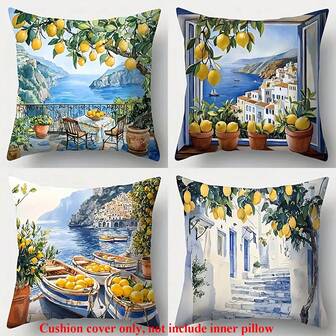 4pcs Lemon Tree Design Throw Pillow Covers, 45cm*45cm Single-Sided Printed, Home Decor Sofa Waist Cushion Covers, Summer Holiday Style (No Fillers Included)