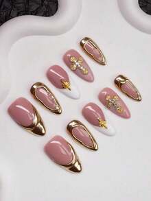 Spring/Summer Handmade Almond-Shaped Nail Tips With Y2K Chic Style, In, White, Gold Colors Featuring,, Asymmetrical Metallic Design, Suitable Women & Girls To Wear At Parties, Weddings, Daily Life. 10Pcs/Set With 3 Sizes, Includes Nail Tools, Great Ladies Press On Nails Nail Supplies Nails - 彩色 - 查看 3