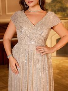 UNITHORSE V领闪亮亮片交叉前褶饰高低下摆晚会礼服 - 香檳色 - 查看 5