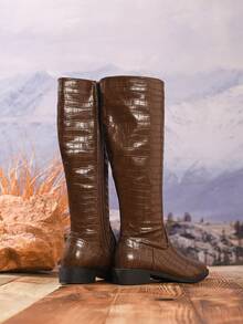 Damen Mode Braune Krokodilmuster Kniehohe Stiefel, Chunky Absatz Reitstiefel für Herbst/Winter, Neuankömmling mit Metall Schnallen Dekor, Seitlicher Reißverschluss, vielseitige hohe Schaftstiefel, Lässig Urlaubs Western Stil Runde Zehenkappe Gerade Schaft Stiefel, Feiertag Lange Schaft Stiefel, Bequeme Winterstiefel, Damen Cowboystiefel - Braun - Übersicht 9