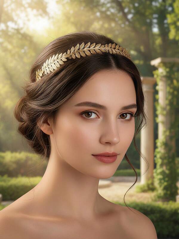 1PC Elegant Gold Leaf Greek Goddess Headband, Roman Laurel Wreath Bridal Headpiece For Wedding & Prom, Vintage Metal Party Hair Accessory For Women