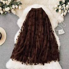 Embroidered Tulle Midi Skirt - Light And Romantic, 100% Polyester - nâu sẫm - Xem 1