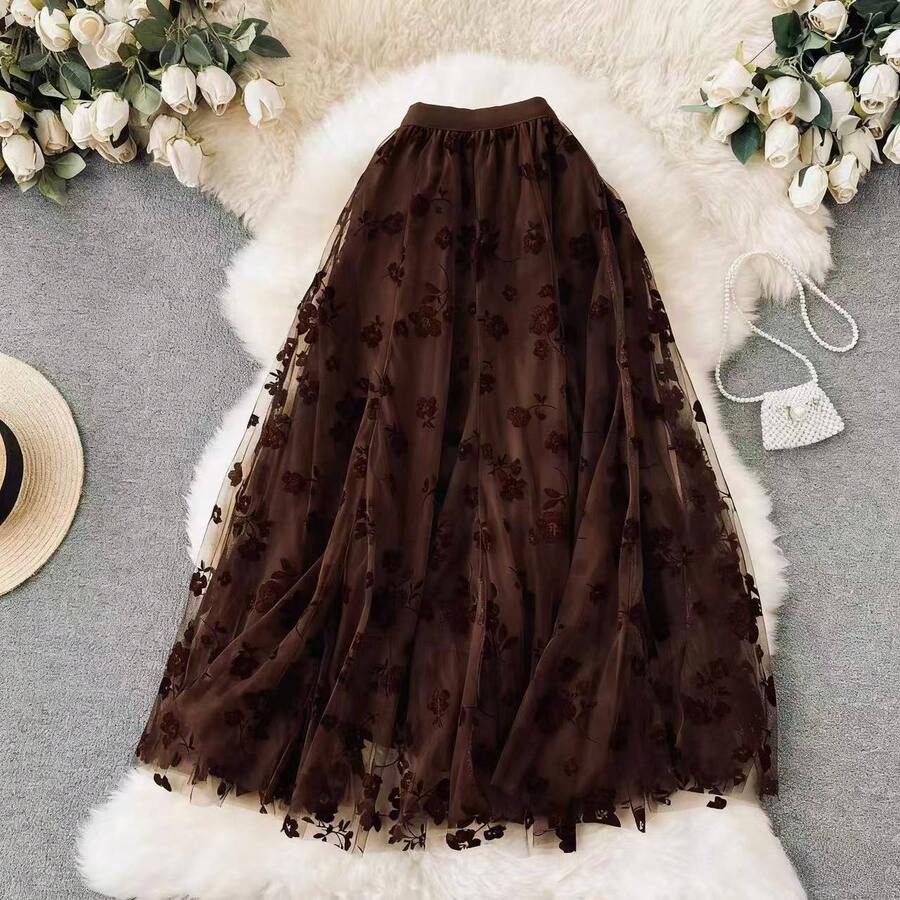 Embroidered Tulle Midi Skirt - Light And Romantic, 100% Polyester - nâu sẫm - Xem 1