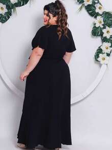 Long Wrap Dress With Flare Sleeves Simple Casual Elegant With Belt Asymmetrical Wedding - 黑色 - 查看 6