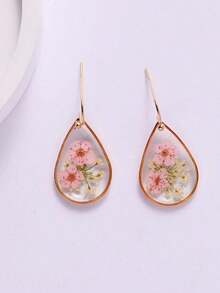 1pair Teardrop Shaped Dried Forget-Me-Not Flower Earrings With Glue Back, Suitable Women's Daily Wear Valentines - 淺粉色 - 查看 6