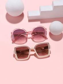 2 piezas Gafas de moda redondas y cuadradas con brillo fino de acrílico para niño y niña de 8 a 14 años, adecuadas para salidas de vacaciones, combinación de ropa y regalos festivos.