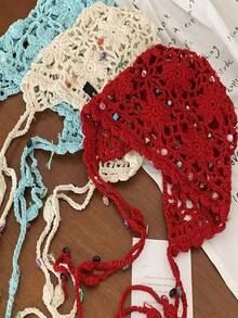 1 Stück gehäkelte, perlenbesetzte, vintage Quasten-Luftloch-Mütze
