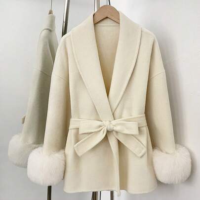 OFTBUY Solid Color Long Sleeve Loose Waist Belt Faux Fur Patchwork Wool Blend Jacket, Casual Street Style For Autumn/Winter & Holidays