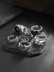 6pcs Fashionable Punk Star Cross Rings, Charming Jewelry For Men, Holiday Gift