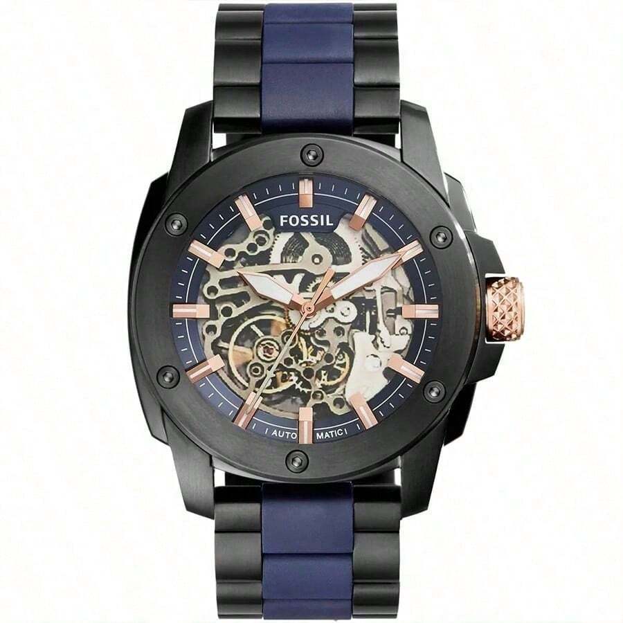 Fossil Herren Quarz Edelstahl Drei-Zeiger-Uhr Edelstahlgehäuse/kratzfester Glasspiegel ME3080/ME3081/ME3133 - Schwarz + Blau - Übersicht 1