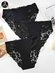 3 件套黑色女士内衣套装，包括一条时尚性感的三角内裤，饰有蕾丝花边和扇形镂空。 - 彩色 - 查看 2
