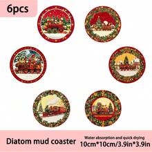 1 Set /4 Piezas /6 Piezas Posavasos de barro de diatomeas con patrón de árbol de Navidad remolcado por un tren retro, posavasos de café, decoración multiocasión para el hogar y restaurante, regalos diarios, decoración de mesa, decoración diaria, decoración de fiesta temática - Multicolor - Ver 13