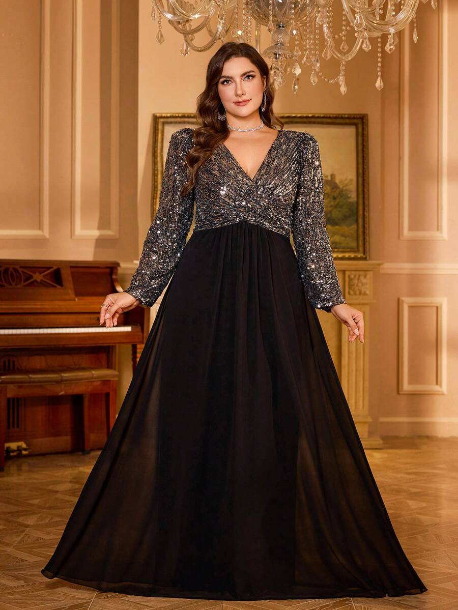 UNITHORSE V-Neck Princess Long Sleeve Pleated Glitter Splice Chiffon Party Evening Dress - Black - View 1