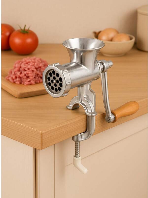 Picadora de carne manual - Aluminio plateado y plástico - Picadora de manivela de 27*15cm para uso doméstico en la cocina