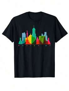 Fashion Unisex Shirt Printed Tshirts Mexico D.F. Skyline Colourful Retro Vintage Mexico City T-Shirt As Gift - 黑色 - 查看 1