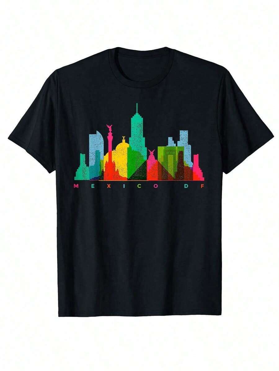Fashion Unisex Shirt Printed Tshirts Mexico D.F. Skyline Colourful Retro Vintage Mexico City T-Shirt As Gift - 黑色 - 查看 1